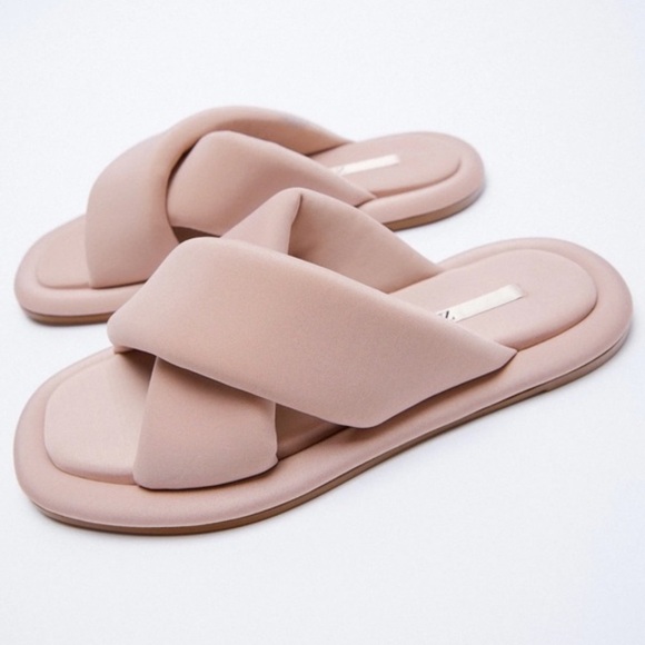 Zara | Women's Mauve Puffer Quilted Crossover Strap Slide On Flats, size 8.5 - Picture 1 of 16